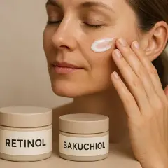 Kvinna applicerar kräm med retinol a. Två burkar med hudvårdsprodukter, en märkt "RETINOL" och den andra "BAKUCHIOL".