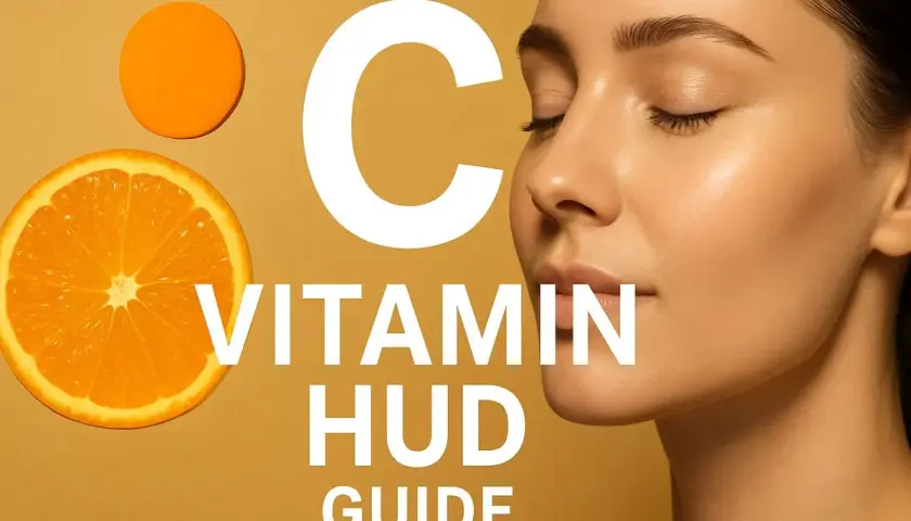 En närbild på en kvinna med slutna ögon bredvid en apelsin och texten "C VITAMIN HUD GUIDE".