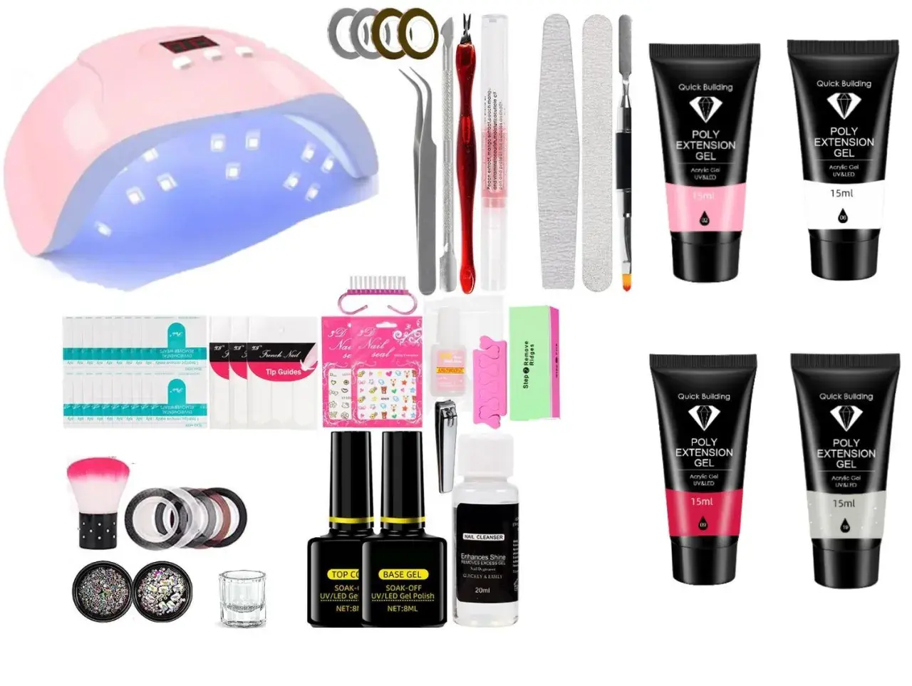 Allt för att köpa gellack: UV-lampa, polygel, nagelfilar, dekorationer och tillbehör för en komplett manikyr.