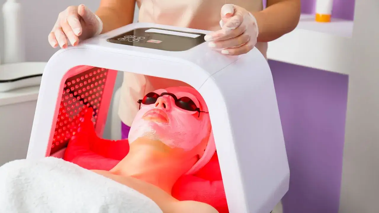 Ansikte med mask och skyddsglas&ouml;gon under en LED-ljus behandling.