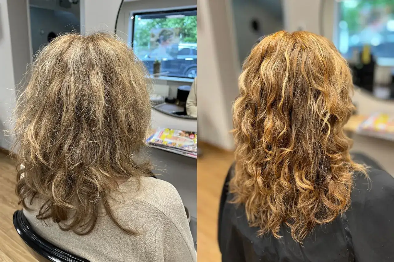 F&ouml;re och efterbild p&aring; h&aring;r. Till v&auml;nster: torrt, frissigt h&aring;r uppe p&aring; huvudet. Till h&ouml;ger: vackra, glansiga lockar.