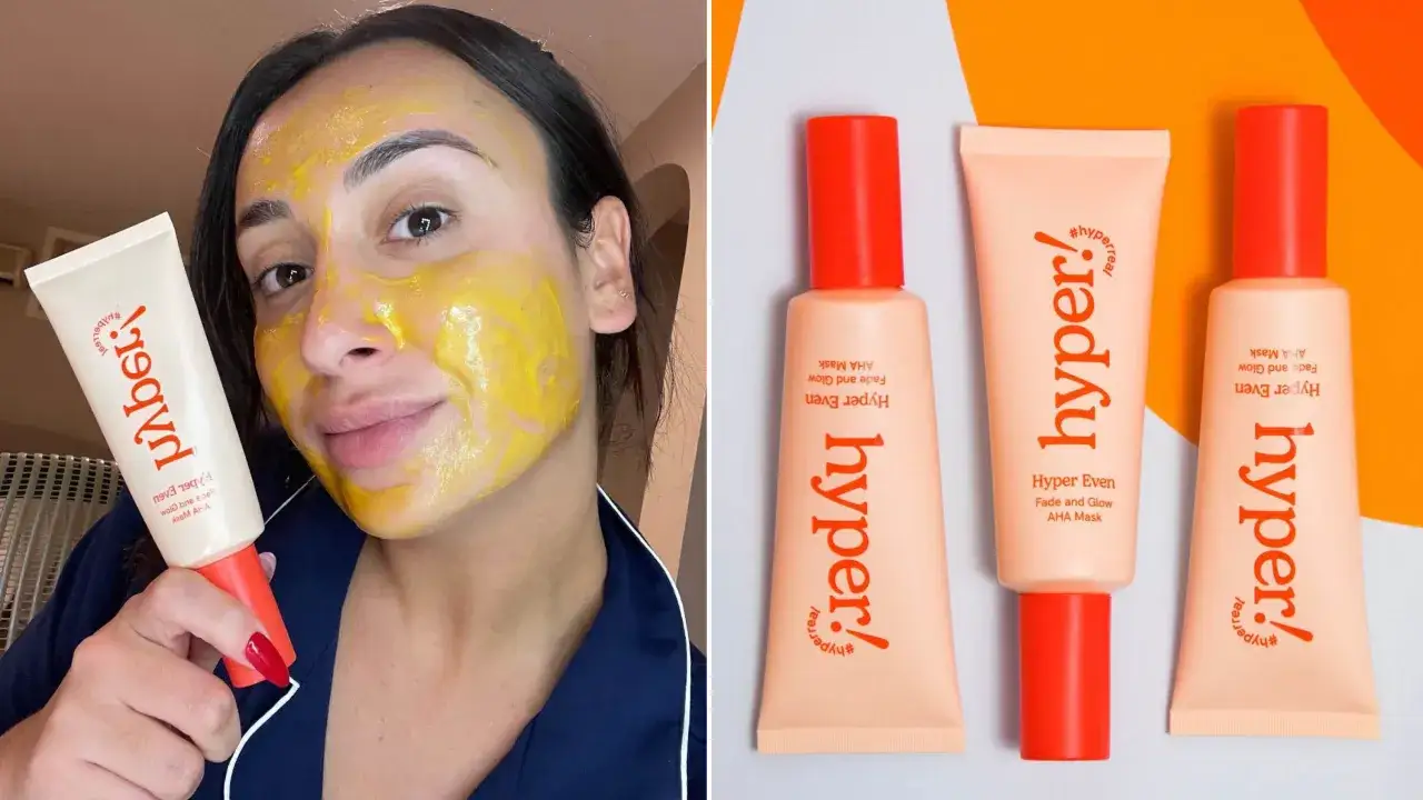 Kvinna med gul ansiktsmask och en tub av Hyper Even Fade and Glow AHA Mask. En aha syra behandling f&ouml;r str&aring;lande hud.