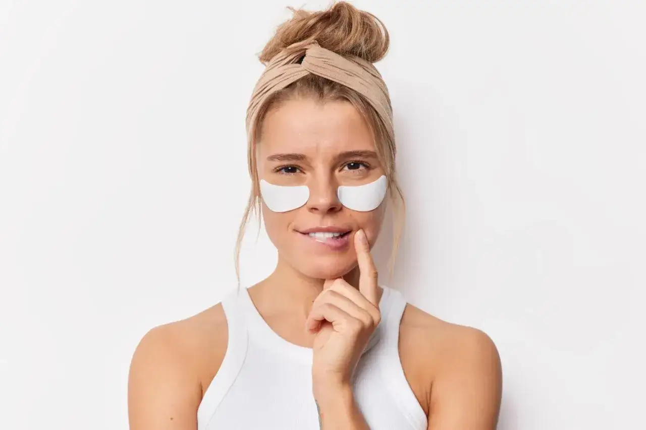 En kvinna med pannband och eye patches under &ouml;gonen, som visar hur ska eye patches sitta.