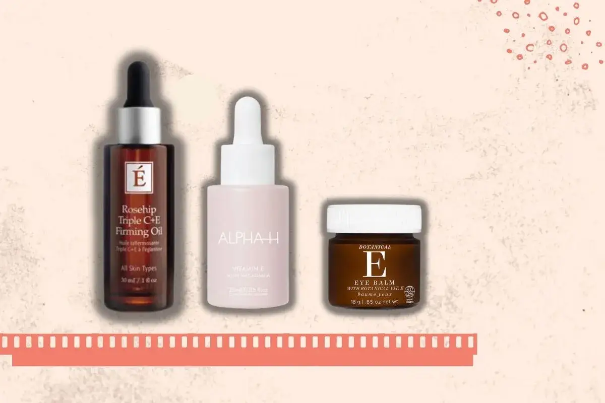 Hudvårdsprodukter med e-vitamin: en olja, ett serum och en ögonbalm.