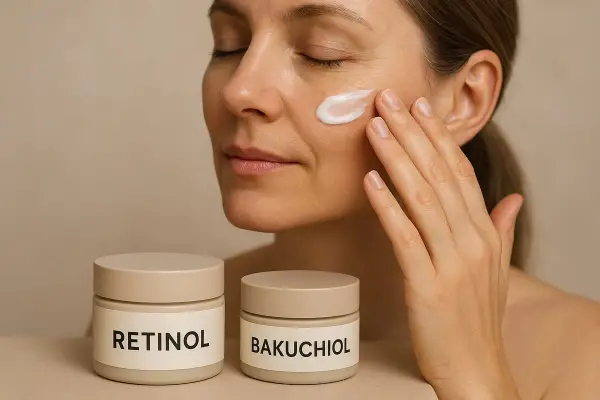Kvinna applicerar kräm med retinol a. Två burkar med hudvårdsprodukter, en märkt "RETINOL" och den andra "BAKUCHIOL".